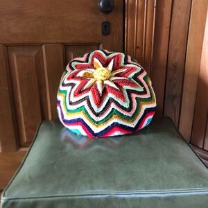 Vtg Hand Knit Multicolour Pouf Pillow